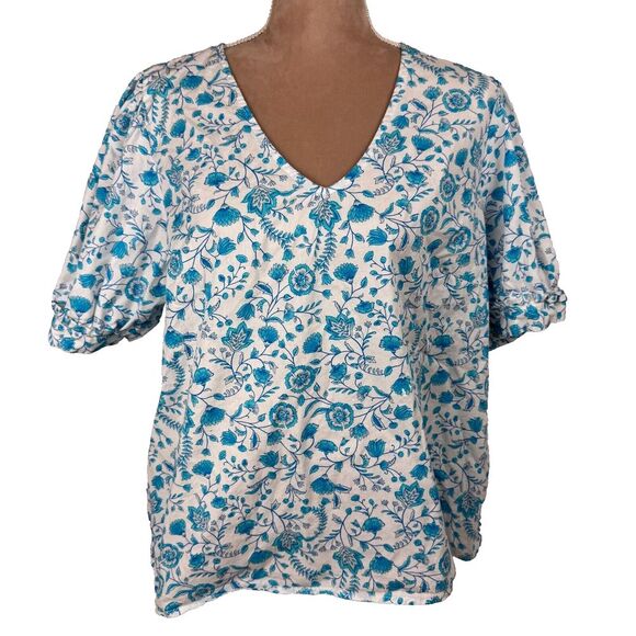 Draper James 100% Cotton Short Puff Sleeve Blue White Floral‎ Top Sz XL Spring - Picture 1 of 12